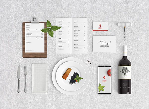 餐厅菜单及美食主题APP展示样机素材 Restaurant Food Mockup & Food Nation App Logo Concept