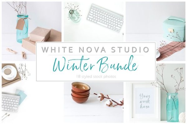 蓝色主点缀办公场景样机素材模板 Blue stock photo bundle