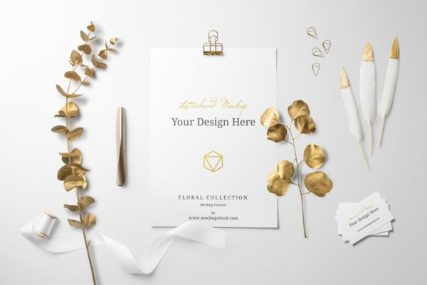 金色箔片花卉品牌样机素材模板 Golden Floral Branding Mockup