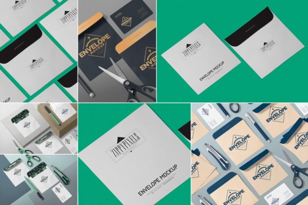 企业文具套装等距场景样机素材展示模板 Isometric Envelope Mockups