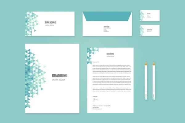 企业品牌办公用品样机素材模板 Branding Identity Mock Up – Teal Tirangles