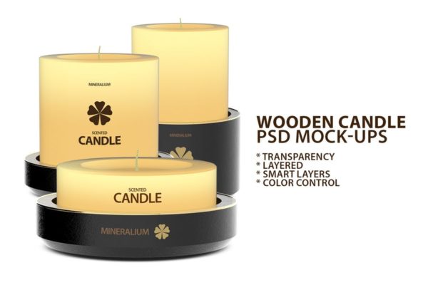 木制蜡烛外观设计PSD样机素材模板 Wooden Candle PSD Mock-ups