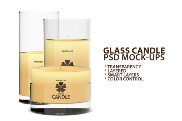 玻璃蜡烛外观设计PSD样机素材模板 Glass Candle PSD Mock-ups