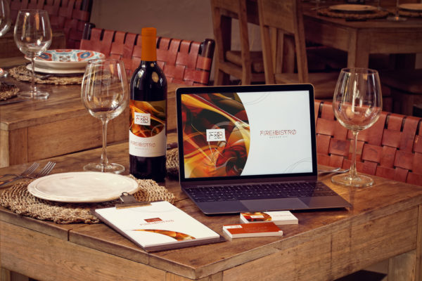 高级餐厅VI视觉设计酒瓶/MacBook/名片/菜单样机素材模板 Wine Bottle, MacBook, Business Cards and Menu Mockup