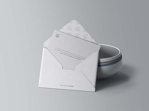 企业信封开启状态设计预览样机素材模板 Envelope with Bowl Mockup