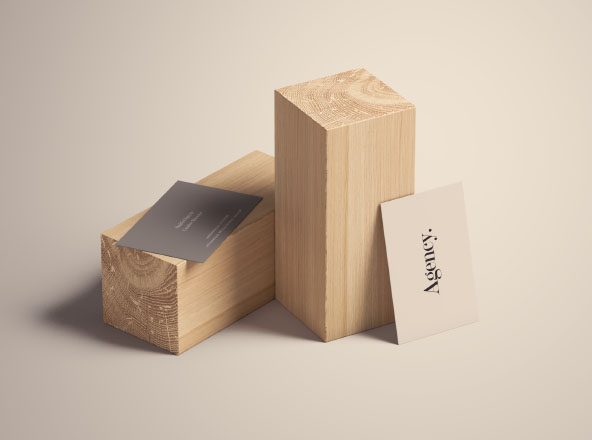 木块场景企业名片设计效果图样机素材 Business Card Mockup on Wood Blocks