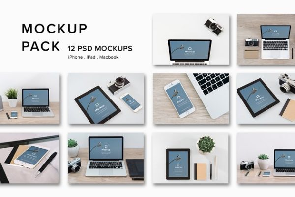 12款苹果笔记本&平板样机模板素材 Mockup Pack – 12 PSDs