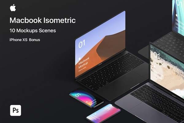 精品：高端的 Macbook 多角度场景样机 [PSD]