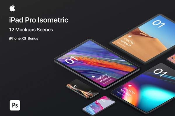 精品：独立的 iPad Pro 12 样机+iPhone XS 2.5视角效果套装 [PSD]