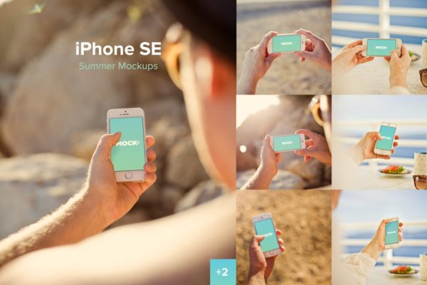 夏季海滩场景手持iPhone SE样机模板素材 iPhone SE Summer Mockups