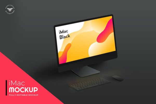 黑色背景iMac一体电脑桌面演示样机模板素材 iMac Mockups Black