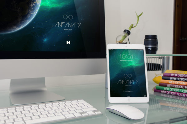 iMac&iPad桌面设备屏幕演示图样机模板素材02 Desktop Device Mockup 2