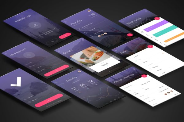 多个手机屏幕APP应用UI设计预览等距样机模板素材01 Perspective App Screens Mockup 01