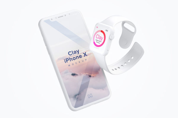 Apple Watch＆iPhone X组合UI设计演示样机模板素材 Clay Apple Watch and iPhone X Mockup
