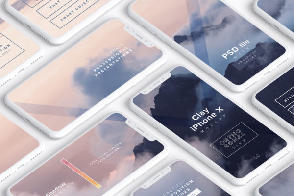 多个iPhone X智能手机屏幕等距平铺视觉样机模板素材 Clay iPhone X Mockup 02