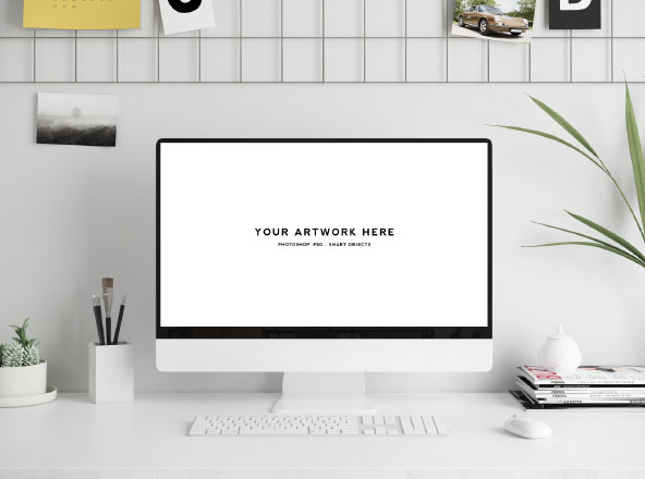 办公桌场景-iMac一体机屏幕演示样机模板素材 Workspace Scene Mockup – Mac Screen