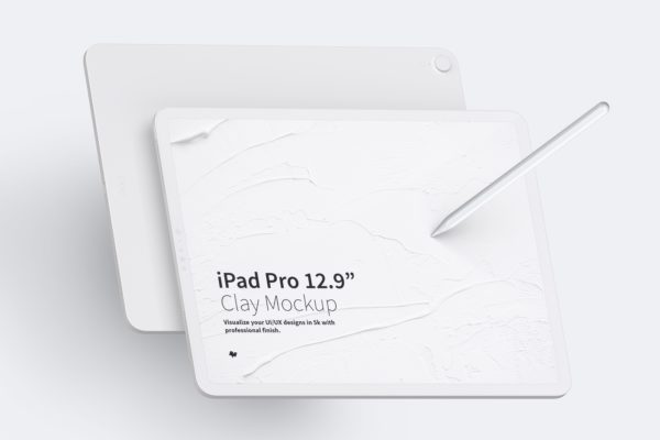 iPad Pro平板电脑前视图&后视图样机模板素材 Clay iPad Pro 12.9” Mockup, Landscape Front and Back View