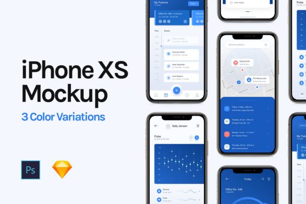三色iPhone XS/MAX手机UI设计演示样机模板素材 iPhone XS Mockup