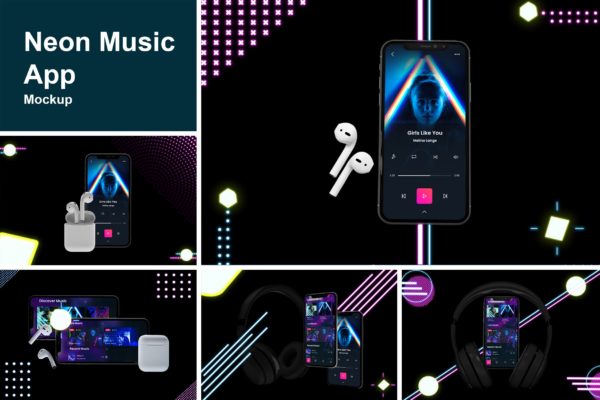 在线音乐APP设计效果图样机模板素材 Neon Music App MockUp