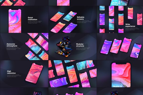 黑色iPhone手机UI界面设计效果图等距网格样机模板素材 Dark iPhone Mockup