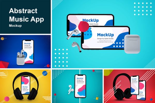 创意在线听歌音乐APP应用UI设计效果样机模板素材 Abstract Music App MockUp