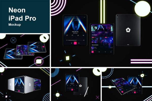 iPad Pro第三方设计屏幕预览样机模板素材 Neon iPad Pro Mockup