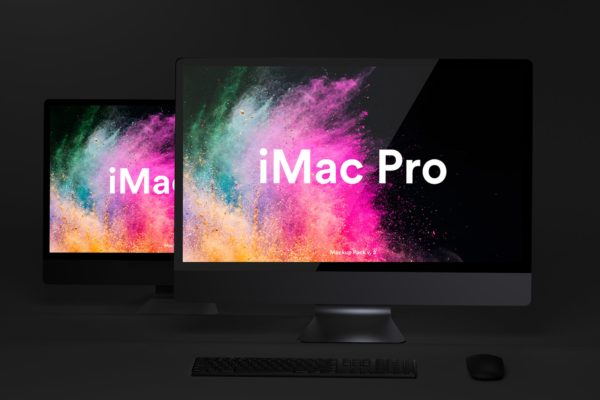 酷黑背景iMac Pro一体机电脑样机模板素材 Dark iMac Pro Mockup
