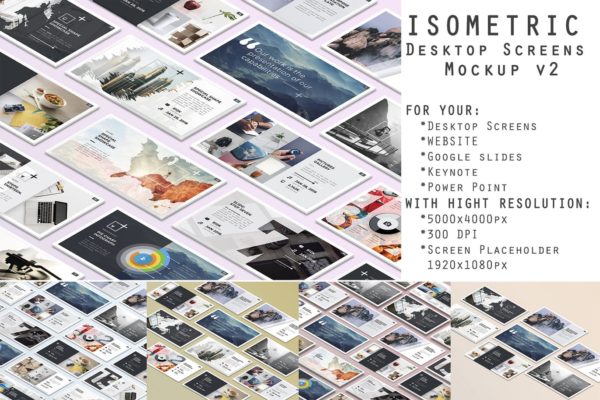 等距桌面屏幕截图预览样机v2 Isometric Desktop Screens Mockup V02