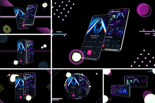 高质量霓虹灯风格iOS/Android手机样机模板素材 Neon IOS & Android