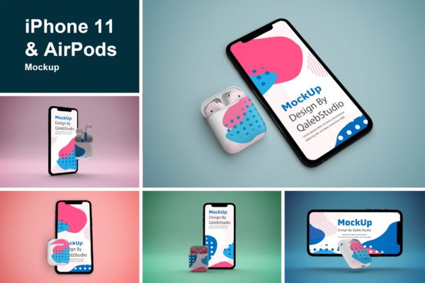 创意设计风格iPhone 11 & AirPods样机模板素材 iPhone 11 & AirPods Mockup