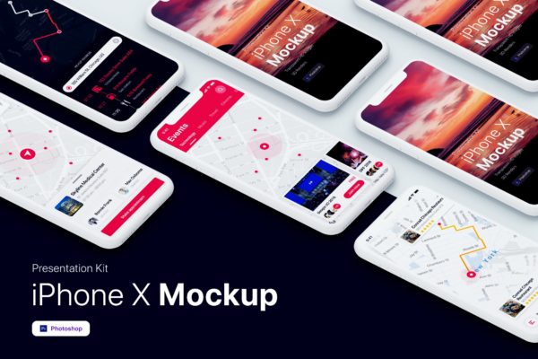APP界面设计截图预览iPhone X手机样机模板素材v1 Presentation Kit – iPhone showcase Mockup