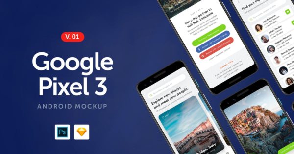 谷歌手机Google Pixel 3屏幕预览样机模板素材v1 Google Pixel 3 – Android Mockup 1.0