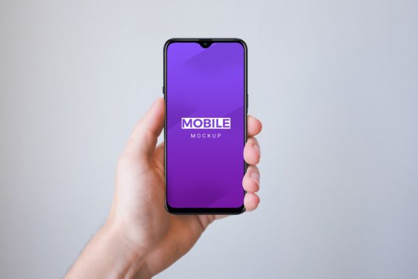 手持水滴屏智能手机屏幕预览样机 Mobile With Hand Mockups