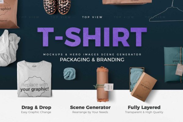 T恤衫及包装样机和场景模板 T-shirt and Packages Mockups & Scene Generator