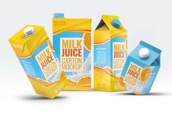 4种牛奶/果汁盒包装设计样机素材套装 4 Types Milk / Juice Cartons Bundle Mock-Up