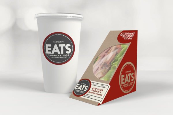 楔形三明治和苏打饮料纸杯样机套装 Sandwich Wedge and Soda Paper Cups MockUp Set