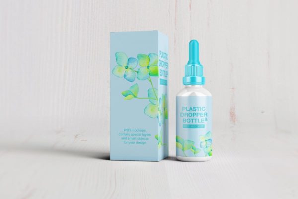 化妆品塑料滴管瓶/纸盒样机 Plastic Dropper Bottle/ Paper Box Mockup