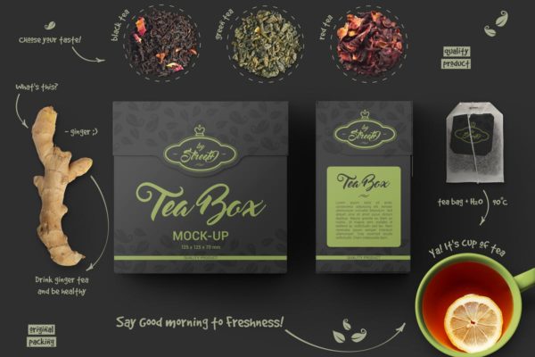 茶叶品牌纸盒包装外观设计样机素材模板 Tea Box Mock-Up