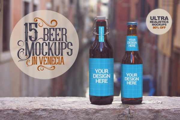 威尼斯水城场景啤酒瓶外观展示样机 15 Beer Mockups in Venetian