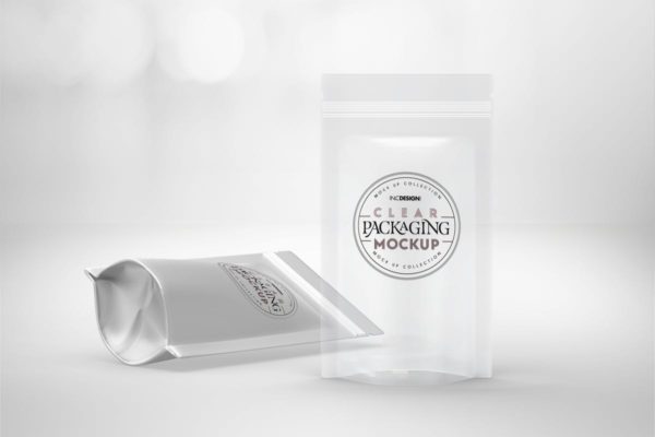 透明&铝箔立式食品袋包装设计样机素材 Clear or Foil Stand Up Pouches Packaging Mockup