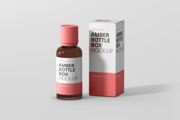 琥珀色药物瓶子&盒子设计样机素材 Amber Bottle Box Mockup