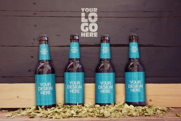 木墙场景啤酒瓶外包装设计样机素材模板 Wood Wall Malt Ingredient 4 in 1