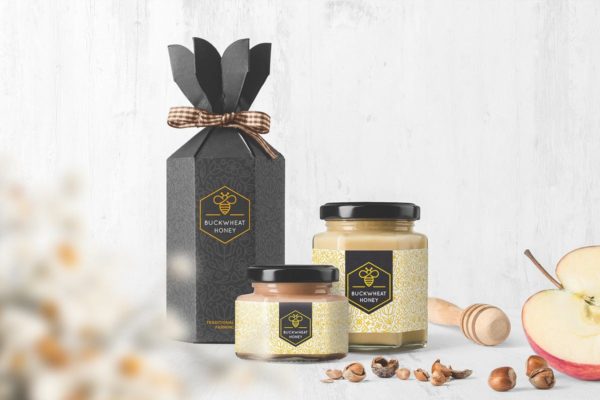 蜂蜜玻璃罐及外包装盒设计样机素材模板 Honey Jar Packaging Mockups