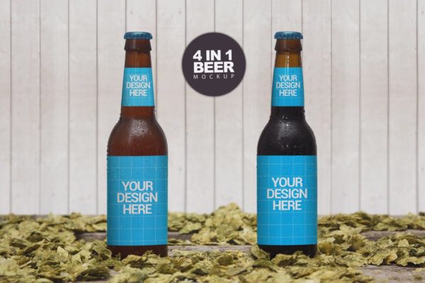 四合一啤酒瓶外观设计样机素材 Beer Styles 4 in 1