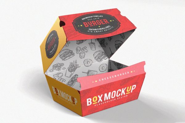 汉堡盒外卖外带包装设计样机素材模板 Takeaway Packaging Hamburger Box Mock-Up
