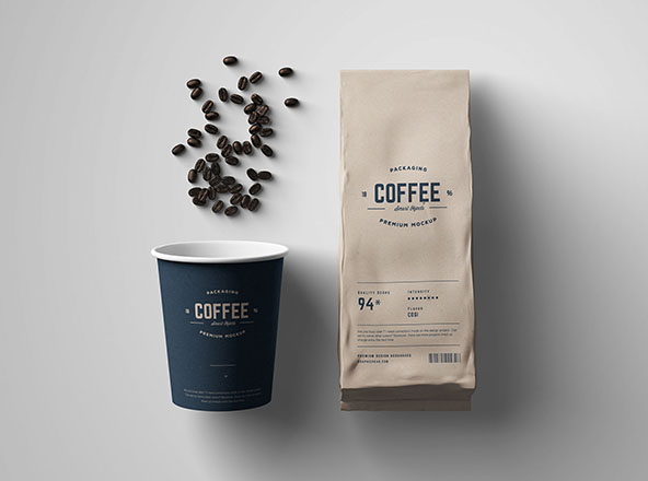 咖啡纸杯＆咖啡豆牛皮纸包装袋设计样机素材 Coffee Package Mockup