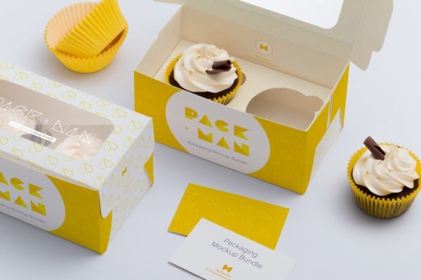 两只装纸杯蛋糕糕点包装外观设计样机素材模板03 Two Cupcake Box Mockup 03