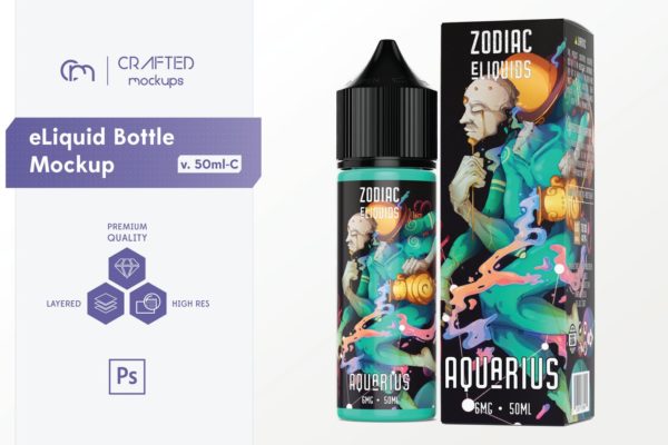 电子烟油瓶&包装盒外观设计样机素材模板[50ml规格] eLiquid Bottle Mockup v. 50ml-C
