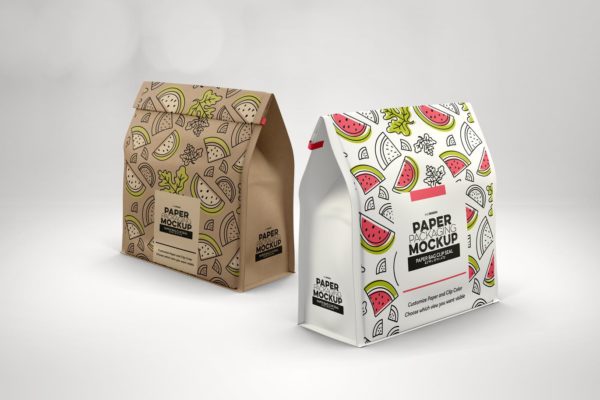 面包外带食品包装纸袋外观设计样机素材 Paper Bags with Clip Seal Packaging Mockup