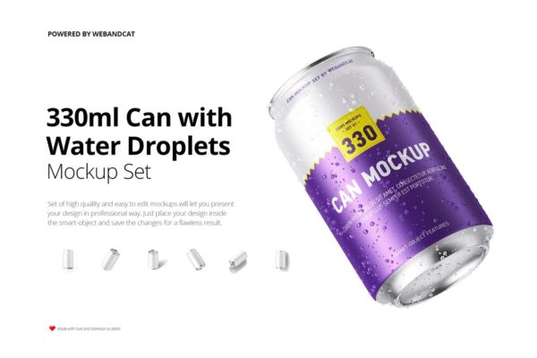 330ml容量规格易拉罐外观设计样机素材模板 330ml Can Mockup with Water Droplets